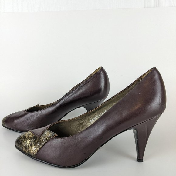 Planika Vintage Leather Retro Brown and Gold High Heel shoes - Picture 3 of 14
